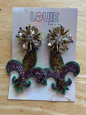 Louie Love Fleur-de-Lis Beaded Mardi Gras Statement Earrings